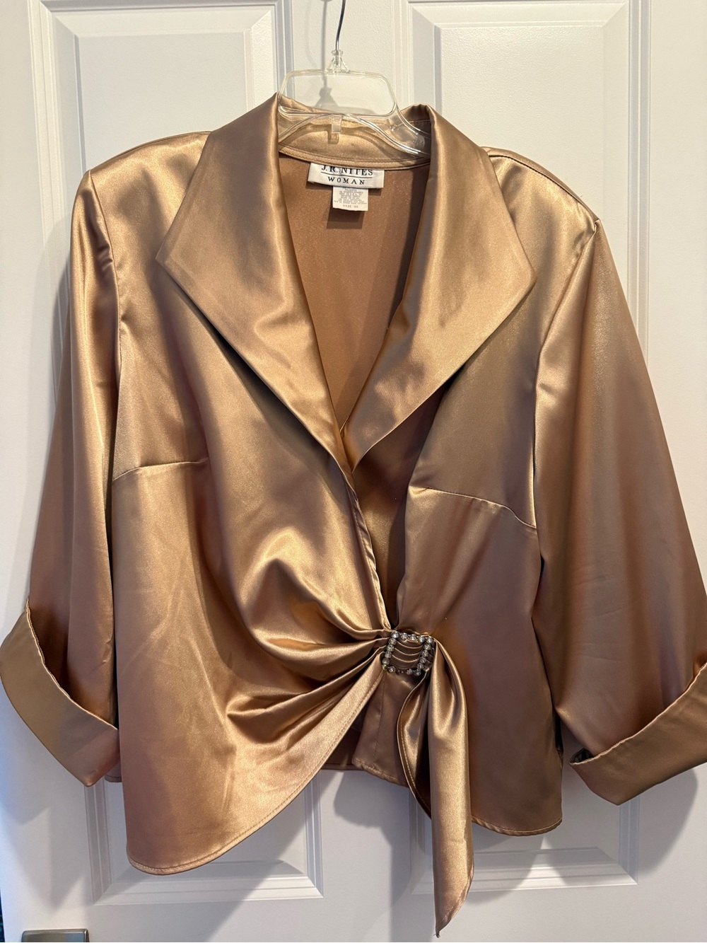 JR Nites  Woman Satin Tie-Front Blouse in Champagne